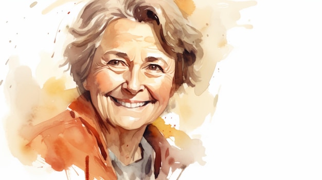 Glimlachende oude witte vrouw met bruin steil haar aquarel illustratie portret van casual persoon op witte achtergrond met kopieerruimte fotorealistische Ai gegenereerde horizontale illustratie