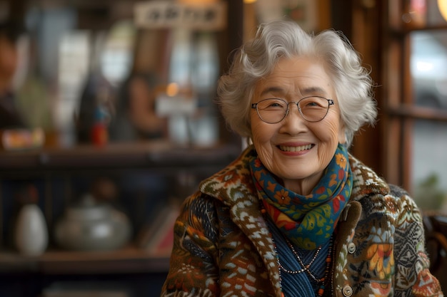 Glimlachende oudere Aziatische vrouw in een kleurrijke jas die bij een houten hut staat