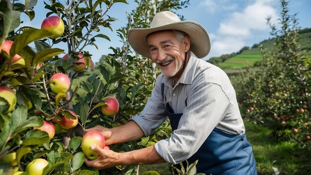Glimlachende oudere man die appels in een boomgaard plukt