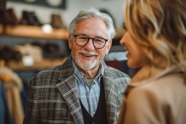 Glimlachende oudere man in een stijlvol geruite jasje heeft een vrolijk gesprek met een vrouw in een mode