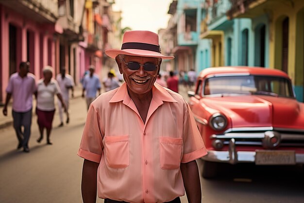 Foto glimlachende oudere man in roze shirt en hoed die op een straat in cuba staat