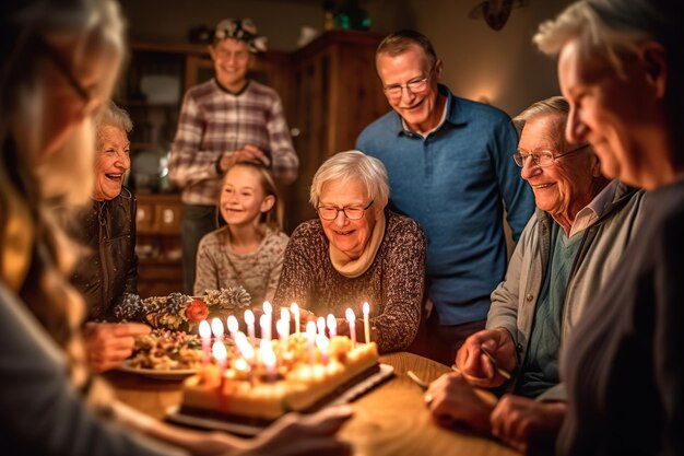 Glimlachende oudere persoon viert verjaardag met taart generatieve ai