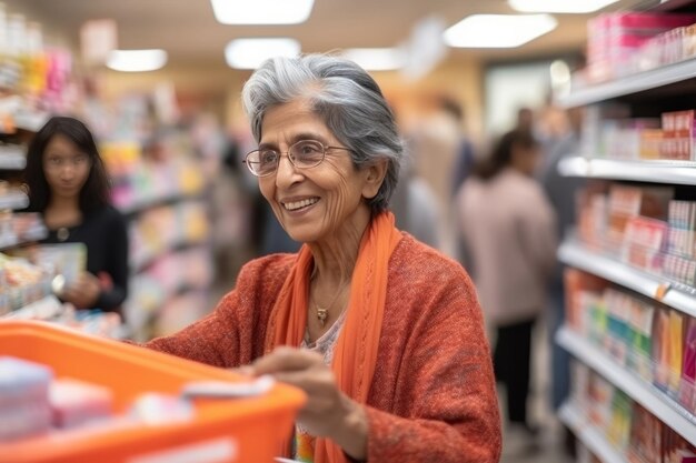 Glimlachende oudere witharige Indiase vrouw met een bril koopt medicijnen in een moderne apotheek