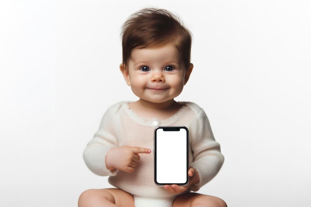 glimlachende pasgeboren baby wijst naar een smartphone met een wit scherm op een witte achtergrond