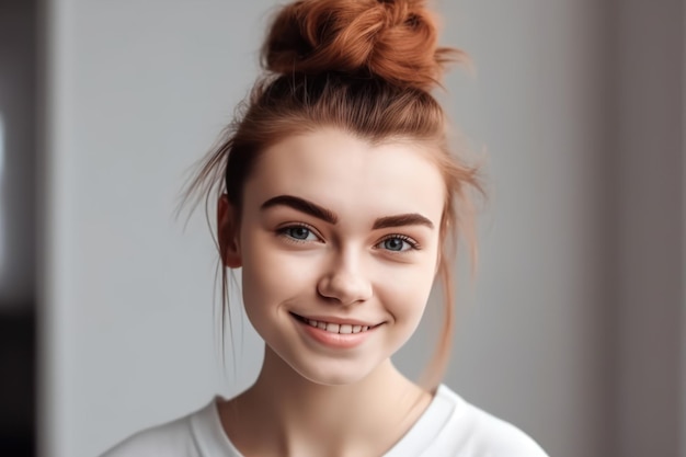 Glimlachende positieve vrouw met een aantrekkelijke uitstraling, gekleed in een los wit t-shirt poserend tegen een witte blinde muur, gelukkige vrouw met haarknot die positieve emoties toont na het ontvangen van een aangenaam compliment