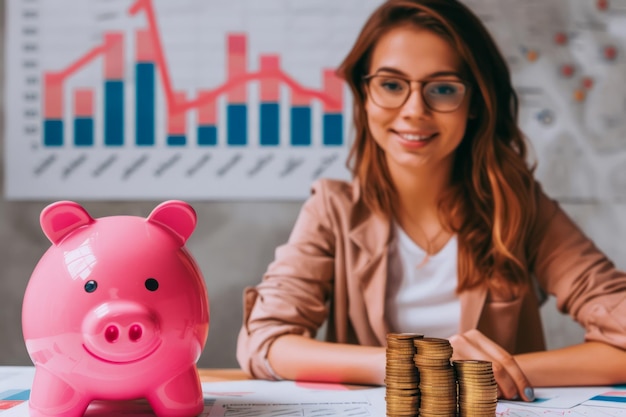 Foto glimlachende professionele vrouw met spaarpot en geld op het bureau financiële groei grafieken op de achtergrond