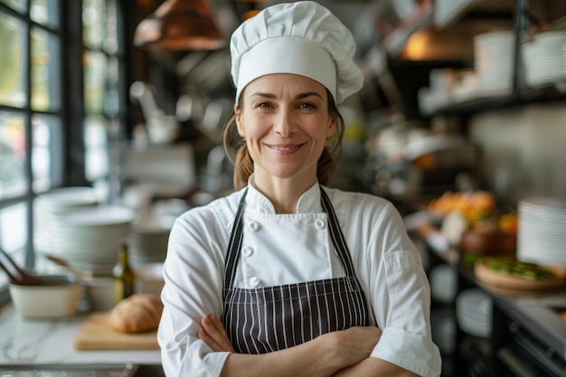 Foto glimlachende professionele vrouwelijke kok in de keuken van een restaurant