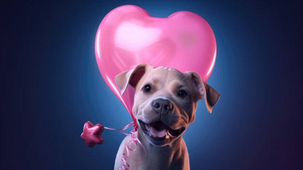 Foto glimlachende puppy met een roze hartvormige ballon gemaakt met generatieve ai