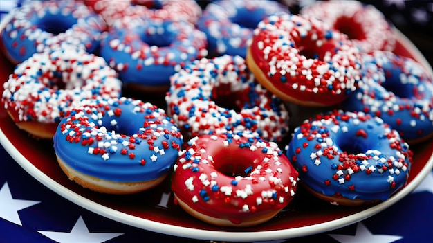 Glimlachende rode witte en blauwe donuts.