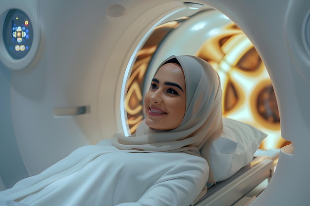 Glimlachende Saoedische vrouw in een MRI-scanner futuristische omgeving warme beelden