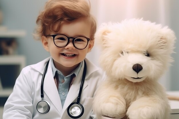 Glimlachende schattige jongen met bril en witte jas uniform met stethoscoop die zich voordoet als dokter die naar de camera kijkt die met pluizig speelgoed speelt patiënt kinderen gezondheidszorg