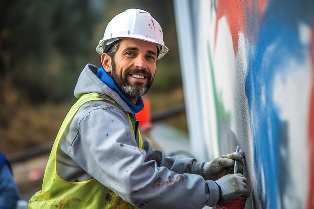 Glimlachende schilder in werkhelm en reflecterend vest die een muur schildert