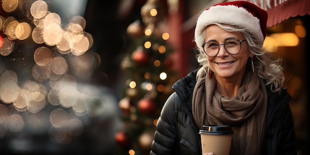 Glimlachende senior vrouw in winterkleren en kerstmuts die loopt op de straatbanner van de kerststad