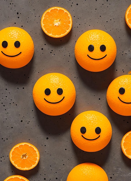 Foto glimlachende sinaasappels op een betonnen toonbank