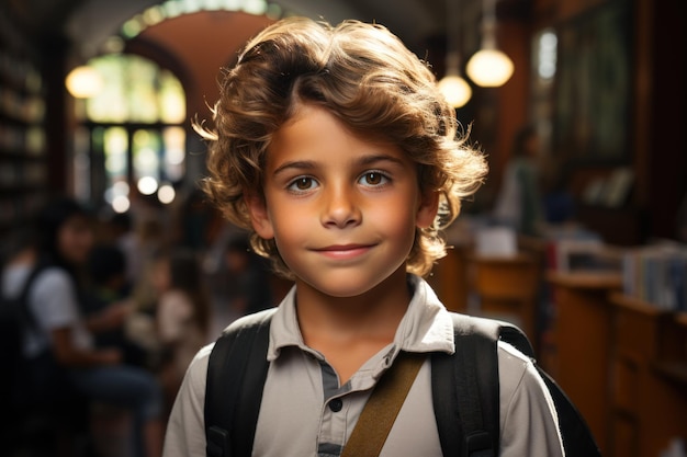 Glimlachende Spaanse jongen die naar de camera kijkt Basisschooljongen die een rugzak draagt en in de bibliotheek op school staat Vrolijke jongen uit het Midden-Oosten die tegen de achtergrond van de bibliotheek staat