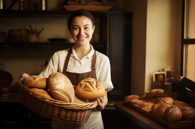 Glimlachende Spaanse vrouwelijke bakker die zich in de huiskeuken bevindt die brood in mand houdt Generatieve AI AIG21