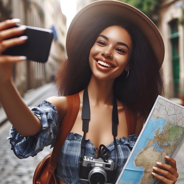 Foto glimlachende toeriste met een kaart en een selfie