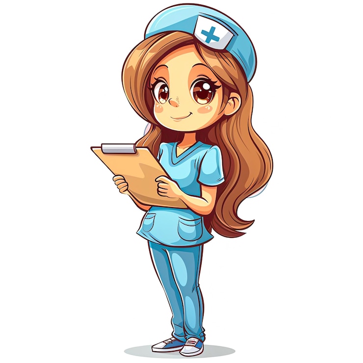 Foto glimlachende verpleegster met clipboard cartoon clipart in levendige kleuren illustratie van gezondheidszorgelementen