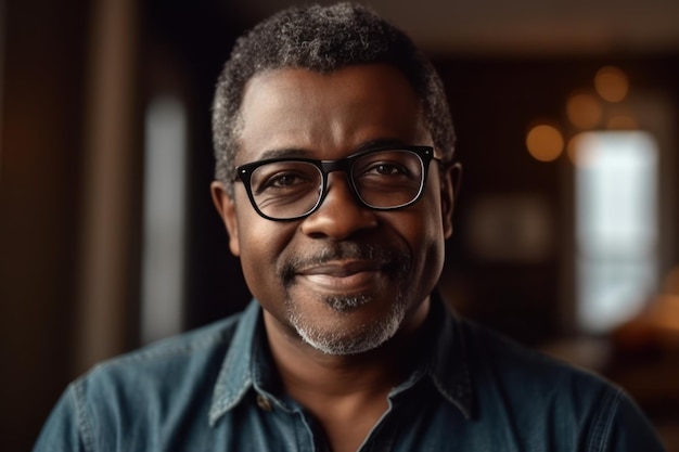 Glimlachende volwassen man met bril kijkend naar cameraportret van zwarte zelfverzekerde man thuis succesvolle ondernemer die zich tevreden voelt