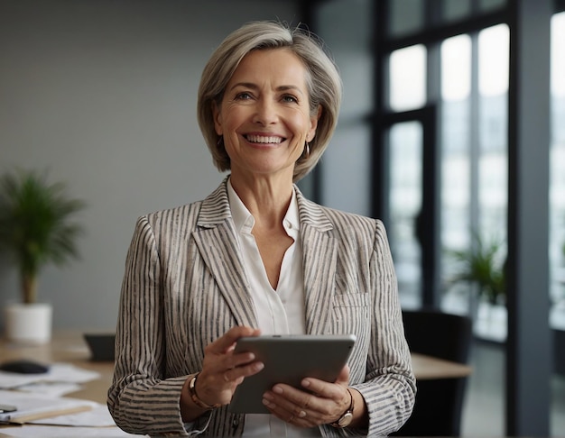 Glimlachende volwassen professionele zakenvrouw bankmanager oudere gelukkige vrouwelijke leidinggevende