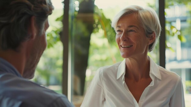 Glimlachende volwassen vrouw praat in een café en toont warmte en een boeiend gesprek