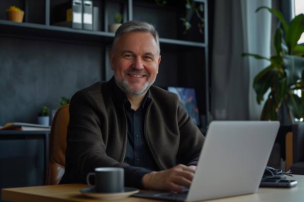 Glimlachende volwassen zakenman, leidinggevende, zit aan zijn bureau met een laptop, gelukkig, druk, professioneel.