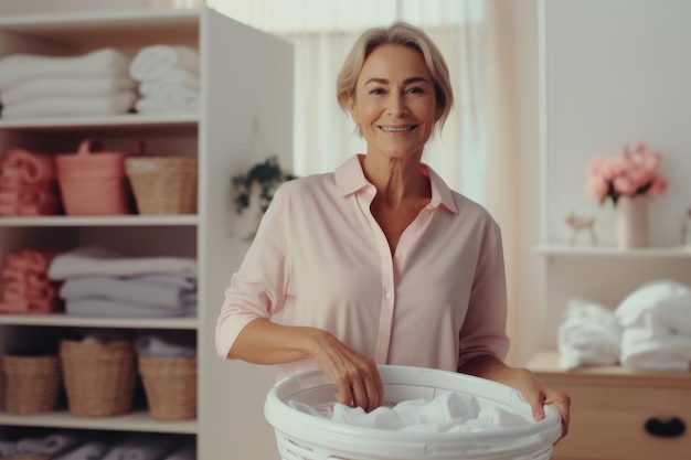 Glimlachende volwassen zakenvrouw houdt een mand met vuile was in de wasruimte