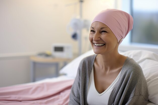 Foto glimlachende volwassen zieke vrouw borstkanker patiënt in bed in het ziekenhuis generatieve ai
