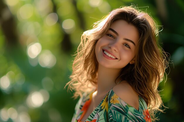 Glimlachende vrouw buiten met zonnebloemen