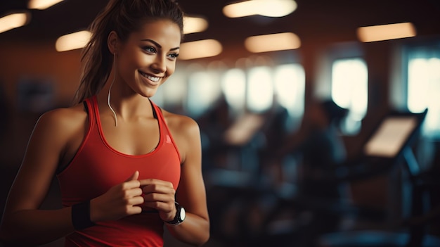 Glimlachende vrouw controleert haar lichamelijke activiteit op een smartwatch Jonge vrouwelijke atleet kijkt tijdens de training naar de activiteitstracker kopieer ruimte voor tekst