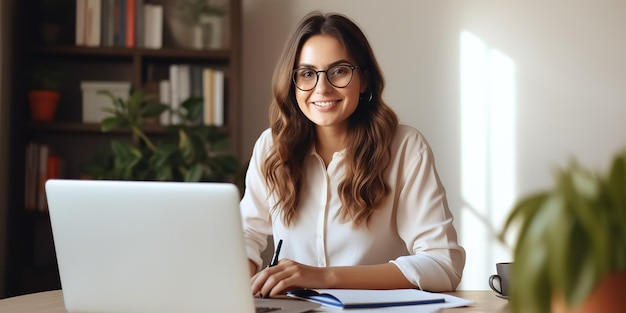 Glimlachende vrouw die aan tafel zit met behulp van een laptop en schrijft in een notitieboekje om aantekeningen te maken