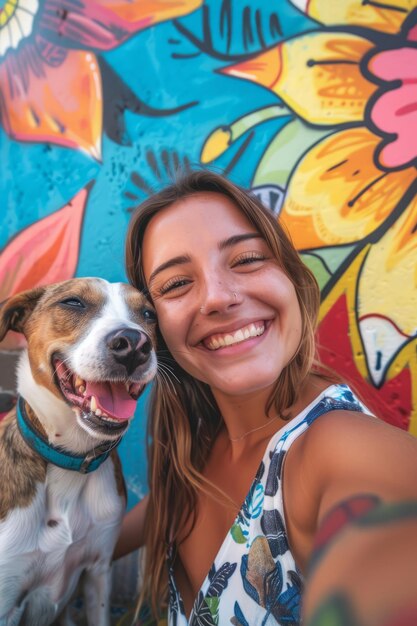 Glimlachende vrouw die een selfie maakt met haar hond Generatieve AI