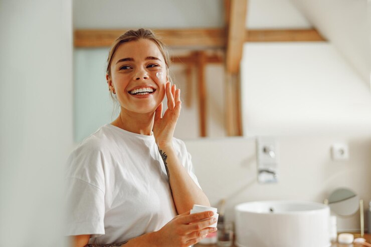 Foto glimlachende vrouw die hydraterende vochtinbrengende crème op haar gezicht aanbrengt, zittend in de badkamer, thuis schoonheidsroutine