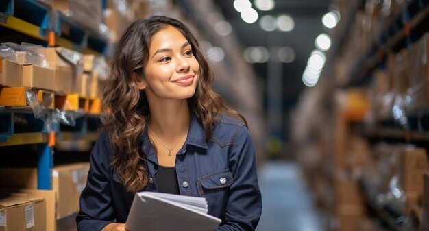 Glimlachende vrouw die in een magazijn werkt en naar een door AI gegenereerde camera kijkt