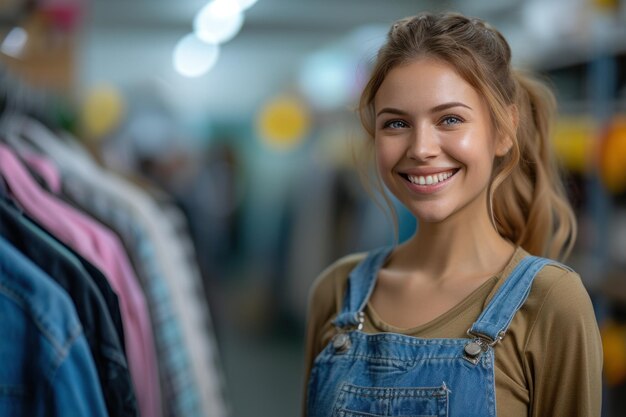 Glimlachende vrouw die voor een kledingrek staat