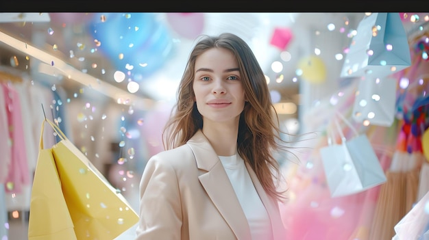 Glimlachende vrouw die winkelt met meerdere tassen te midden van feestelijke decoratie een perfecte afbeelding voor detailhandel en geluk thema's ideaal voor advertenties en feesten AI