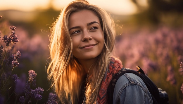 Glimlachende vrouw geniet van de schoonheid van de natuur omringd door weiden en bloemen gegenereerd door kunstmatige intelligentie