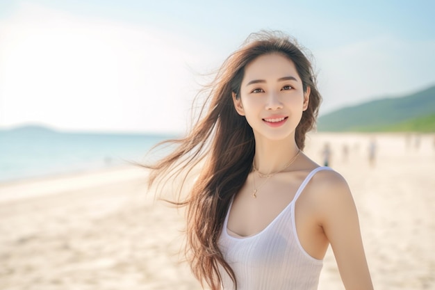 Glimlachende vrouw geniet van het strand.