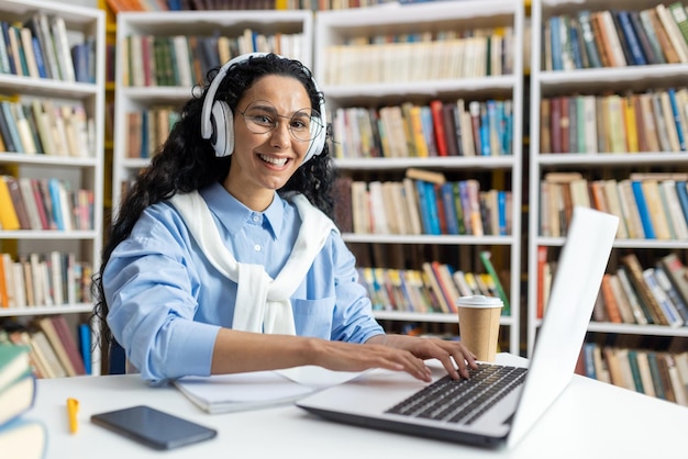 Foto glimlachende vrouw in een bibliotheek met een laptop met koptelefoon ze is omringd door uitgebreide