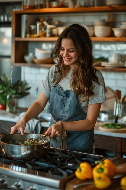 Glimlachende vrouw in een blauwe schort roert een pot op een moderne kachel in een goed verlichte keuken. De omgeving is voorzien van houten planken met gereedschap, een wijnglas en verse ingrediënten.