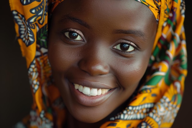 Glimlachende vrouw in een levendige Afrikaanse hoofddoek