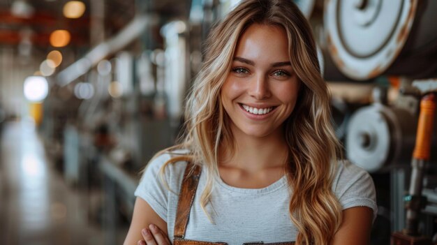 Foto glimlachende vrouw in een werkplaats ondernemerschap en ambachtelijk concept