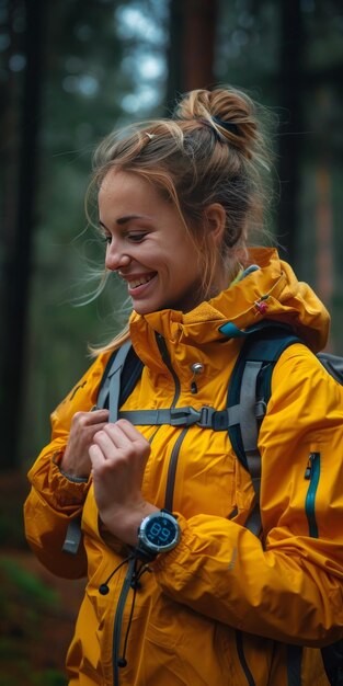 Glimlachende vrouw in geel jasje