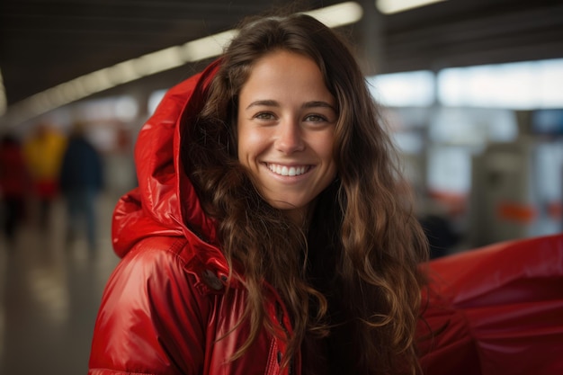 Glimlachende vrouw in rood jasje