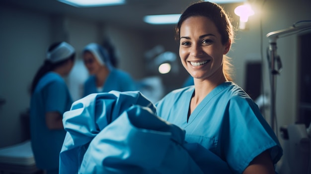 Glimlachende vrouw in verpleegsteruniform.