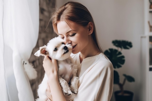 Glimlachende vrouw knuffelen schattige hond thuis