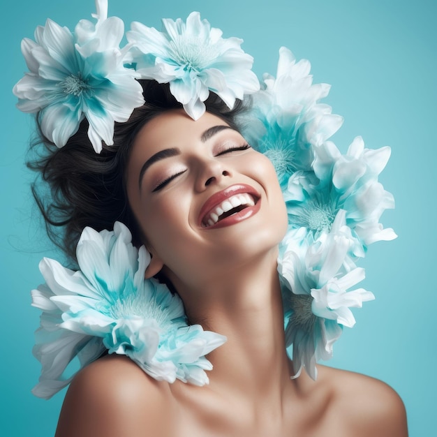 Glimlachende vrouw met bloemen in haar haar