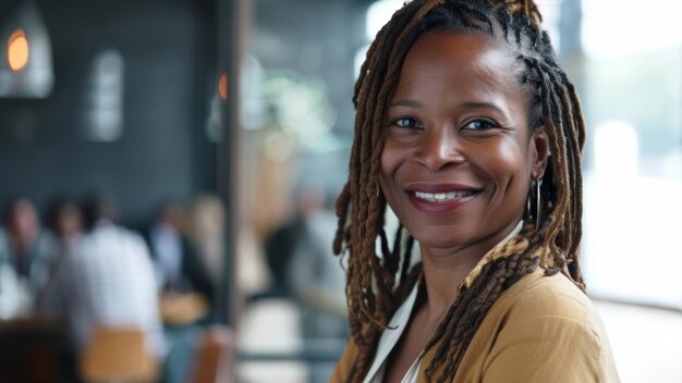 Glimlachende vrouw met dreadlocks geniet van de casual sfeer van een bruisend café