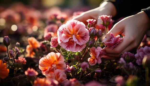 Foto glimlachende vrouw met een levendige tulp in een formele tuin gegenereerd door kunstmatige intelligentie