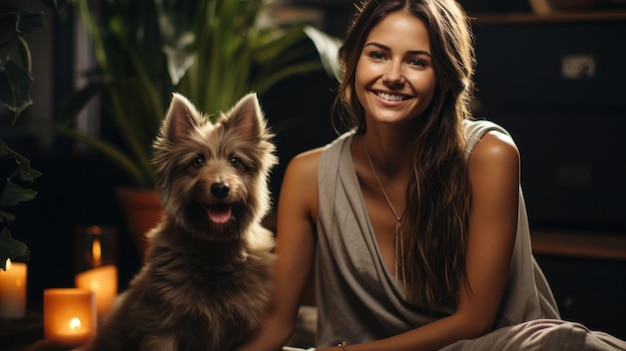 Glimlachende vrouw met hond thuis